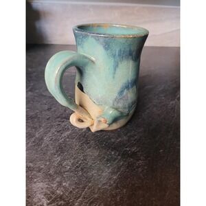 Vintage Handmade Pottery Mug Signed Lily Ribbon Teals Cup